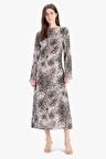 DeFacto A Kesim Kayık Yaka Leopar Desenli Maroken Uzun Kollu Midi Elbise E5793AX25SPBK81