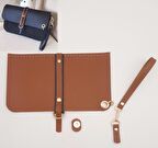 Suni Deri Abiye Cluch Çanta Seti Taba Renk Light Gold Metalli