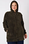 Kadın Büyük Beden Kapüşonlu Fermuarlı Cepli Soft Peluş Sweatshirt