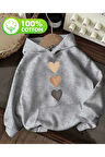 Kalp Baskı Detaylı İçi Polarlı Kapüşonlu Sweatshirt