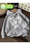 Kalp Pati Baskı Detaylı İçi Polarlı Kapüşonlu Sweatshirt