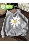 Papatya Baskı Detaylı İçi Polarlı Kapüşonlu Sweatshirt