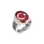 Amberkan Kırmızı Mineli Hilalde Kelime-i Tehvid Yıldızda Besmele Yazılı Erkek Yüzük
