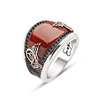 Amberkan ​​​Gümüş Özel Kesim Akik Kenarları Siyah Zirkon İşlemeli Osmanlı Tuğralı Erkek Yüzük