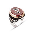 Amberkan ​Gümüş Akik Taşlı Üstü Elif Vav İşlemeli Yüzük