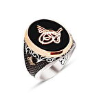 Amberkan ​Gümüş Özel Kesim Oniks Taş Üstü ve Kenarları Osmanlı Tuğralı İşlemeli Yüzük