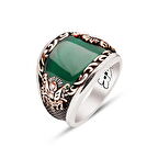Amberkan ​Gümüş Özel Kesim Yeşil Akik Kenarı İşlemeli Osmanlı Devlet Armalı Erkek Yüzük