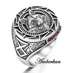 Kırmızı Zirkon Taşlı Kurt Başlı ve Kurt Figürlü Gümüş Yüzük