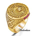 Kırmızı Zirkon Taşlı Kurt Başlı ve Kurt Figürlü Altın Kaplama Gümüş Yüzük