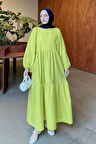 Balon Kol Katlı Yazlık Elbise Yağ Yeşili