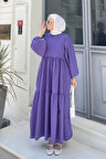 Balon Kol Katlı Yazlık Elbise Mor