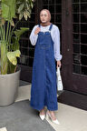 Ön Cep Detaylı Denim Salopet Elbise Koyu Mavi
