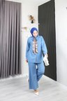 Tatula Fularlı Düğmeli Denim İkili Takım Mavi