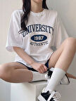 Kadın Tişört Baskılı Uzun T-shirt Pamuklu Oversize Tişört UNIVERSİTY-KADIN