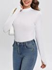 Beyaz Yarım Balıkçı Yaka Bluz Darkalıp İnterlok Penye Kumaş Parmak Detaylı Body