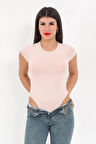 Kadın Pudra Bisiklet Yaka Kısa Kollu Esnek Çıtçıtlı Body Zıbın - 2419