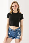 Kadın Bisiklet Yaka Pamuklu Basic Crop T-Shirt Siyah – MS0000102