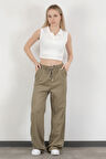 Kadın Beli Lastikli Bağcıklı Bol Paça Pantolon Haki - 4707
