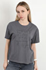 Kadın Bisiklet Yaka Baskılı Pamuklu T-Shirt Antrasit - 925033