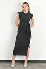 Kadın Bağlama Detaylı Vatkalı Dokulu Elbise Antrasit - MS0000577