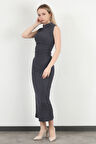 Kadın Dik Yaka Büzgü Detaylı Dokulu Elbise Lacivert - MS0000588
