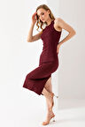 Kadın Bisiklet Yaka Yırtmaçlı Kaşkorse Elbise Bordo - MS0000521