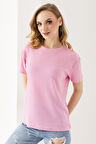 Kadın Bisiklet Yaka Bürümcük Basic T-Shirt Pembe - 254413