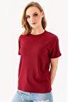 Kadın Bisiklet Yaka Bürümcük Basic T-Shirt Bordo - 254413