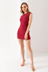 Kadın Bisiklet Yaka Kolsuz Dokulu Elbise Bordo - MS0000576