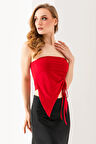 Kadın Büzgülü Asimetrik Kesim Straplez Bluz Kırmızı - 2454
