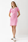 Kadın Polo Yaka Kısa Kollu Çizgili Elbise Pembe Beyaz - 25538