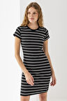 Kadın Bisiklet Yaka Kısa Kol Çizgili Elbise Siyah Beyaz - 25539