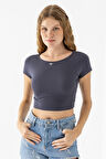 Kadın Bisiklet Yaka Fiyonk Aksesuarlı Crop T-Shirt Antrasit - 25805