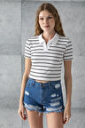 Kadın Polo Yaka Çizgili Pamuklu T-Shirt Beyaz Siyah - 25795