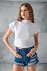 Kadın Dik Yaka Pamuklu Basic T-Shirt Beyaz - 25872