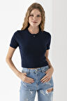 Kadın Bisiklet Yaka A Aksesuarlı Crop T-Shirt Lacivert - 25792