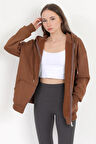 Kadın Kahverengi Fermuarlı Şardonlu Kapüşonlu Oversize Sweatshirt - 9015 - 264401