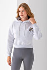 Kadın Kapüşonlu Ayıcık Nakışlı 3İp Crop Sweatshirt Gri - 2668