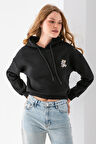 Kadın Kapüşonlu Ayıcık Nakışlı 3İp Crop Sweatshirt Siyah - 2668