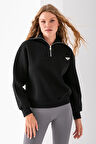 Kadın Dik Yaka Yarım Fermuarlı Kelebek Aksesuarlı 3İp Şardonlu Sweatshirt Siyah - 2663