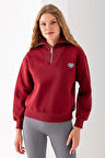 Kadın Yarım Fermuarlı Taşlı Kalp Nakışlı 3İp Sweatshirt Bordo - 2665