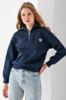 Kadın Yarım Fermuarlı Taşlı Kalp Nakışlı 3İp Sweatshirt Lacivert - 2665