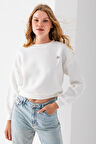 Kadın Bisiklet Yaka Kelebek Aksesuarlı 3İp Crop Sweatshirt Beyaz - 2670
