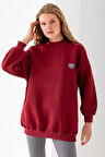 Kadın Bisiklet Yaka Fiyonk Kalp Nakışlı Oversize 3İp Sweatshirt Bordo - 2629