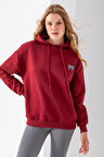 Kadın Kapüşonlu Taşlı Fiyonk Nakışlı 3İp Sweatshirt Bordo - 2623