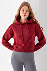 Kadın Kapüşonlu 3İp Şardonlu Crop Sweatshirt Bordo - 2612