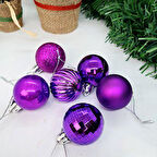 Mor Yılbaşı Ağaç Top Süsü - Mat, Parlak, Simli, Aynalı, Çizgili, Sedefli - 6'lı Set, 4 cm