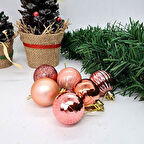 Rose Gold Yılbaşı Ağaç Top Süsü - Mat, Parlak, Simli, Aynalı, Çizgili, Sedefli - 6'lı Set, 4 cm