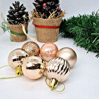 Şampanya Yılbaşı Ağaç Top Süsü - Mat, Parlak, Simli, Aynalı, Çizgili, Sedefli - 6'lı Set, 4 cm