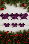 Mor Simli Eva Fiyonk Kurdele – 6'lı Set (3 Adet 9 cm + 3 Adet 6.5 cm) Yılbaşı Süsleme